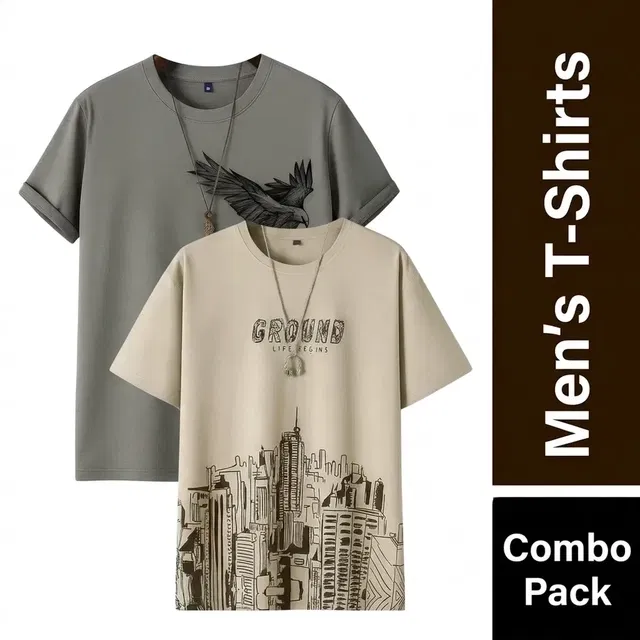 Men's Round Neck Printed T-Shirts - Pack of 2, Grey & Beige, M