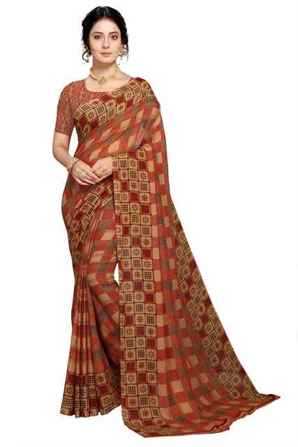 Kanooda Prints Georgette Women Saree With Un-stitched Blouse (Brown) (KP-7)