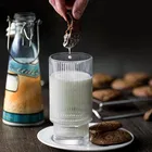 Afast Ribbed Glassware with Bamboo Lids and Straws 300 ml- Stackable Iced Coffee Cups, Vintage Drinking Glasses, Glass Tumbler for Soda, Juice,, Coffee, Milk, Water 