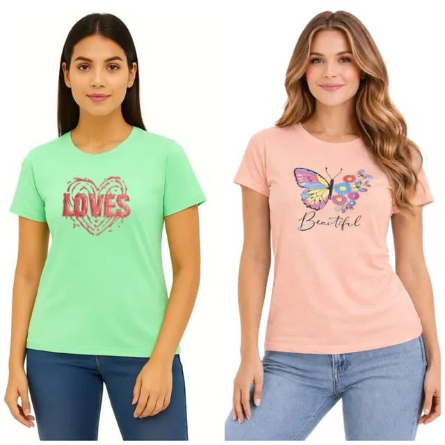Cotton Blend T-shirt for Women, Peach & Green, Pack of 2 (XL)