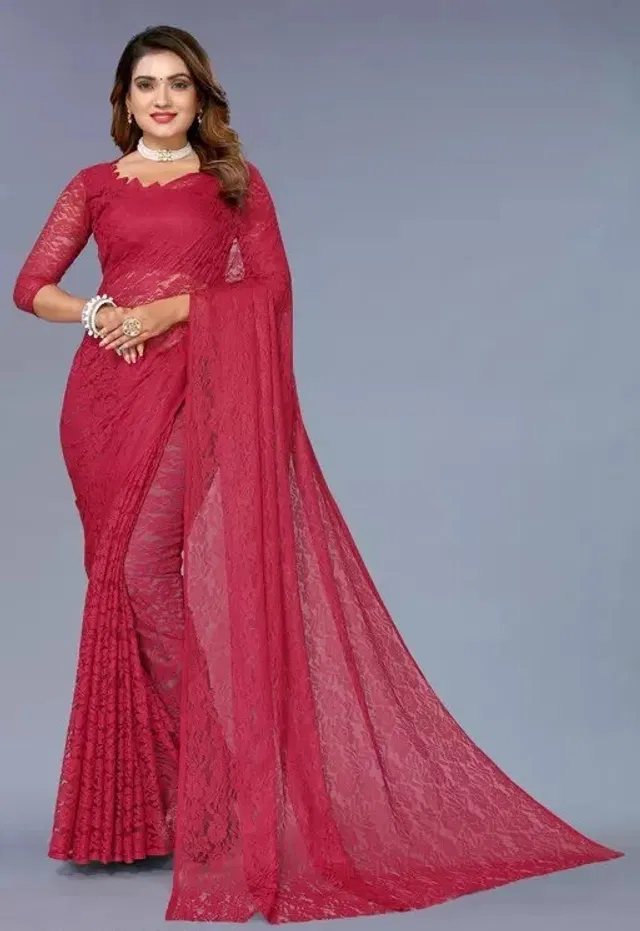 Net Floral Saree for Women (Maroon, 6.3 m)