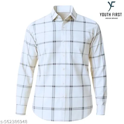 Check Cotton Blend Shirt for Men (White, M)