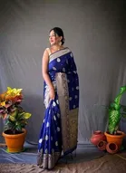 Litchi Silk Botanical Saree for Women, Navy Blue 