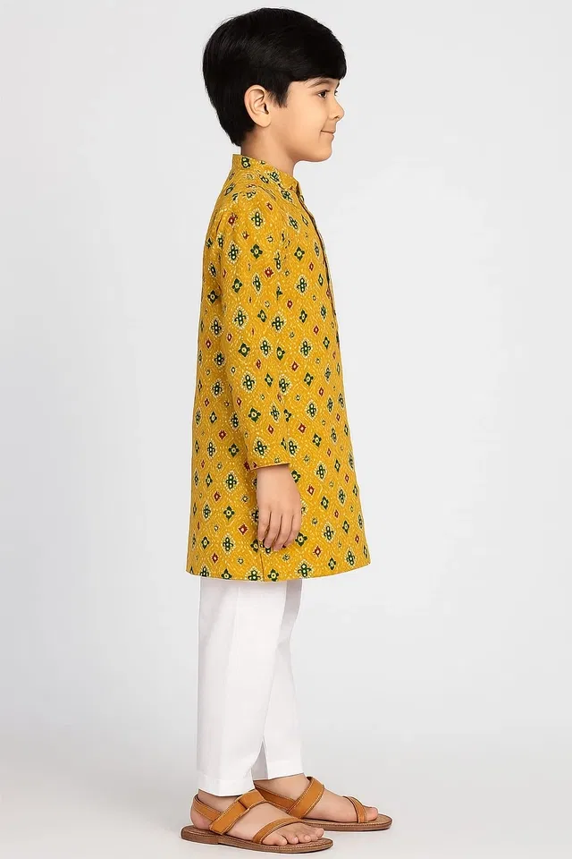 Cotton Blend Printed Kurta with Payjama for Boys, Yellow & White (2-3 Years)