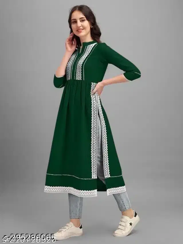 Naira Cut Rayon Embellished Kurti for Women (Bottle Green, XXL)