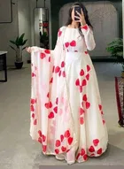 Georgette Printed Gown with Dupatta for Women (White & Red, S)
