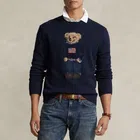 Woolen Embellished Round Neck Sweater for Men (Navy Blue, M)