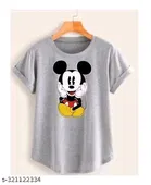 Polycotton Printed T-Shirt for Women, Grey 