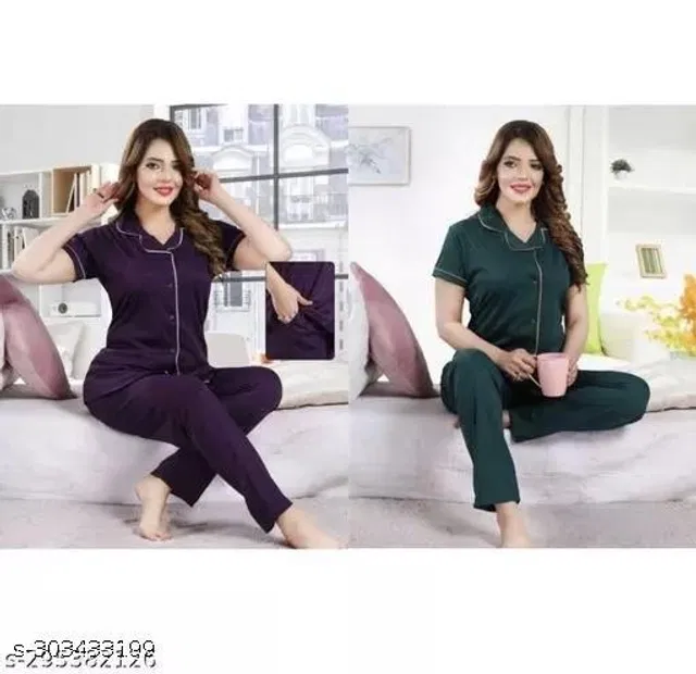 Satin Nightsuit for Women (Purple & Green, M) (Pack of 2)