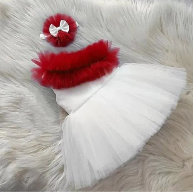 Net Solid Frock for Girls (Red & White, 9-12 Months)