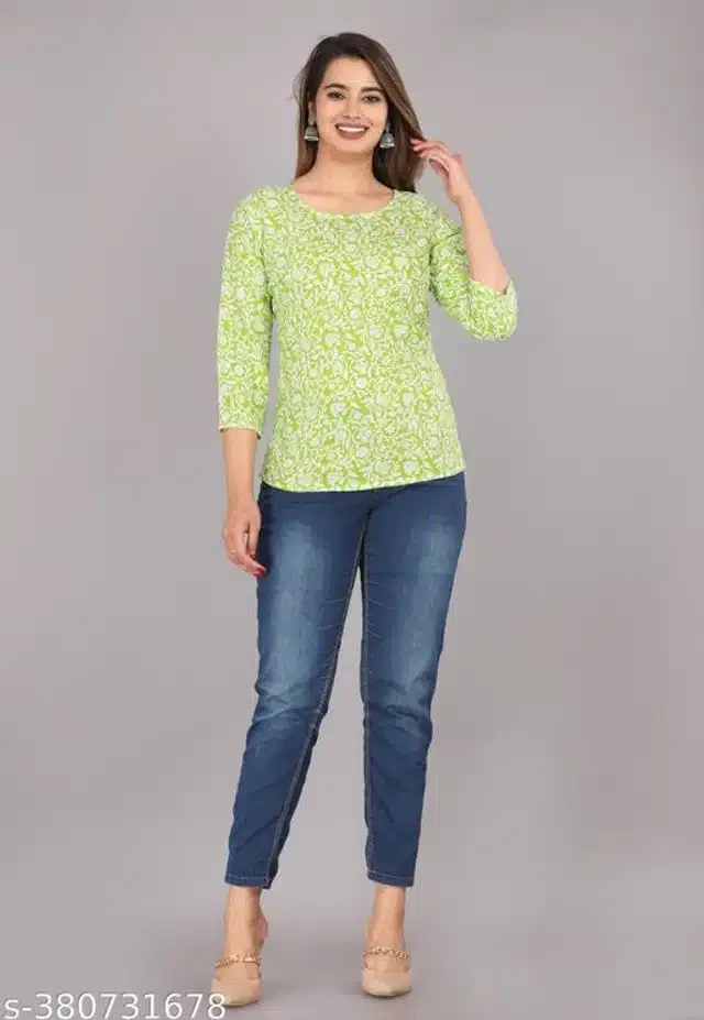 Rayon Printed Kurti for Women (Green, S)