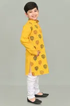 Cotton Printed Kurta with Payjama for Boys, Yellow & White 