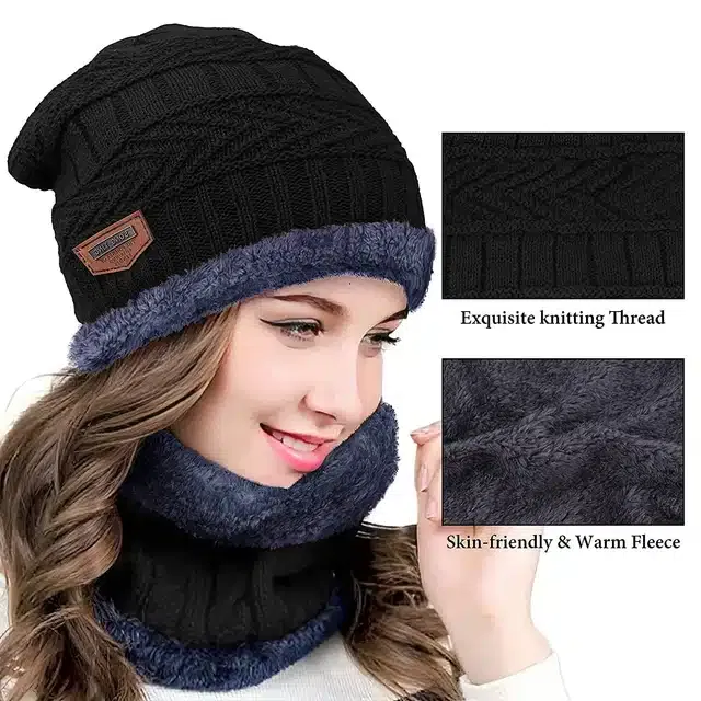 Winter Cap with Neck Warmer for Women (Black, Set of 1)