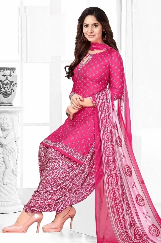 Crepe Floral Punjabi Suit for Women (Pink, Pink)