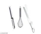 Stainless Steel Peeler with Cooking Tong & Whisk (Silver, Set of 3)