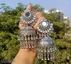 Stylish Mirror Work Jhumka Earrings, Beautiful Silver Oxidised Jhumka Earrings For Women & Girls