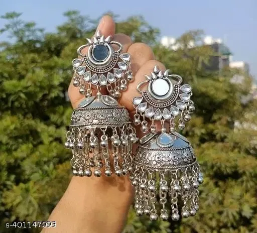 Stylish Mirror Work Jhumka Earrings, Beautiful Silver Oxidised Jhumka Earrings For Women & Girls