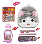 Combo of Kids Cartoon Bag Backpack, All In One Book, Water Bottle & Gift Set Geometry Set 