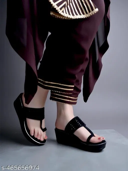 Shoetopia Embellished Wedge Sandals (Black, IND-7)