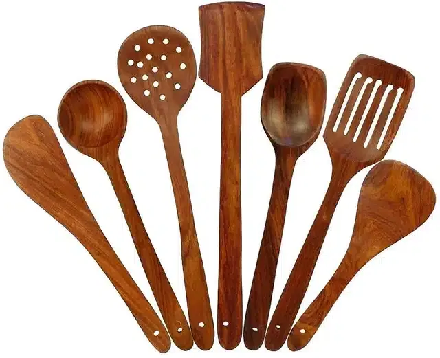 Serving and Cooking Spoon Spatula Set (Brown, Set of 7)