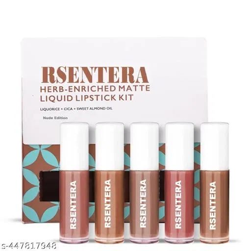 Rsentera's Ayurvedic Liquid Lipstick Matte Finish Kit Set of 5 with Long Lasting, Hydrating & Lightweight Lip Colour, Nudes & Browns - Paraben & Silicon Free - 5 ml