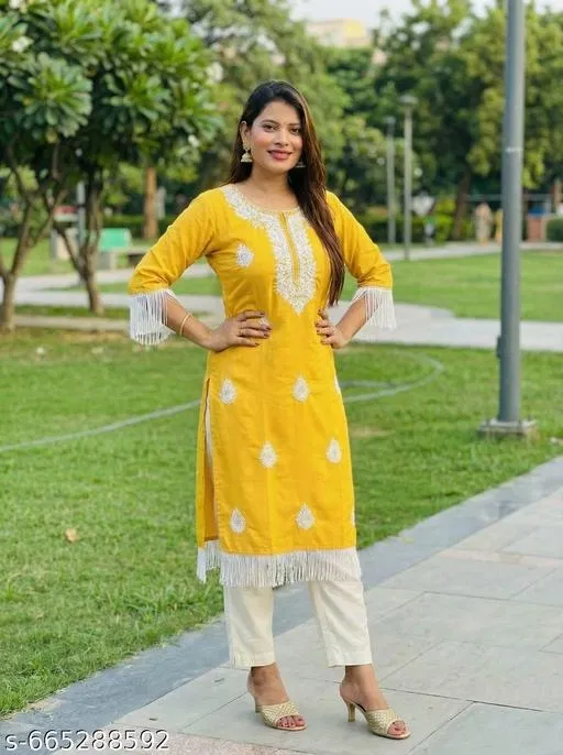 Chikankari Kurta Set for Women (Yellow, L)
