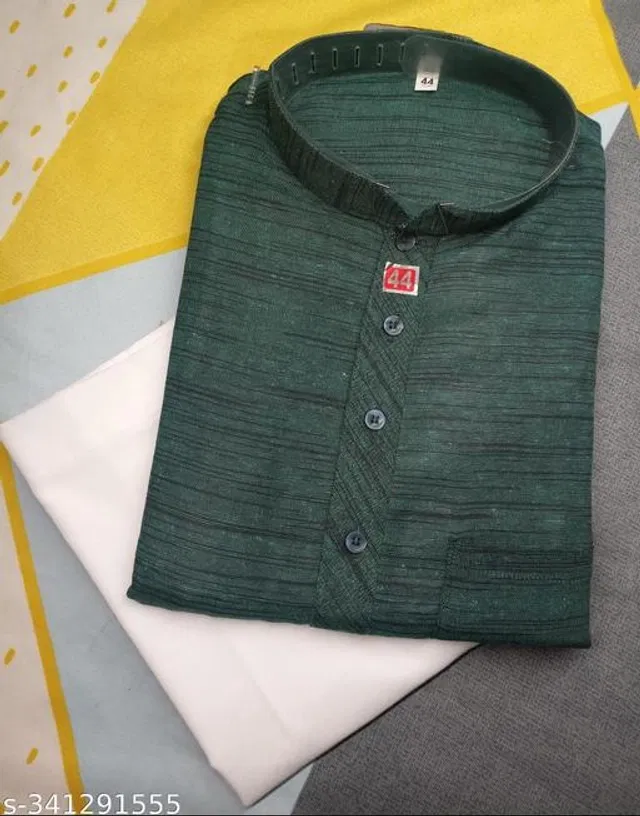 Khadi Cotton Solid Kurta with Pyjama for Men (Bottle Green & White, XXXL)