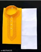 Cotton Solid Kurta Set for Men, Yellow & White 