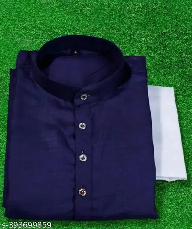 Cotton Solid Kurta with Pyjama for Men (Navy Blue & White, L)