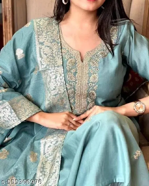 Embroidered Georgette Kurta Set for Women (Aqua Blue, L)