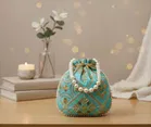 Handcrafted Embroidered Silk Potli Bag, Aqua Blue