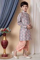 Dupion Silk Printed Kurta with Dhoti for Boys, Multicolor 