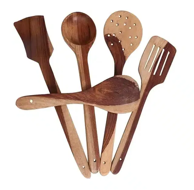 Wooden Cooking & Serving Spoons (Brown, Set of 5)