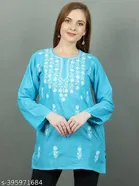 Cotton Chikankari Short Kurti for Women, Blue 