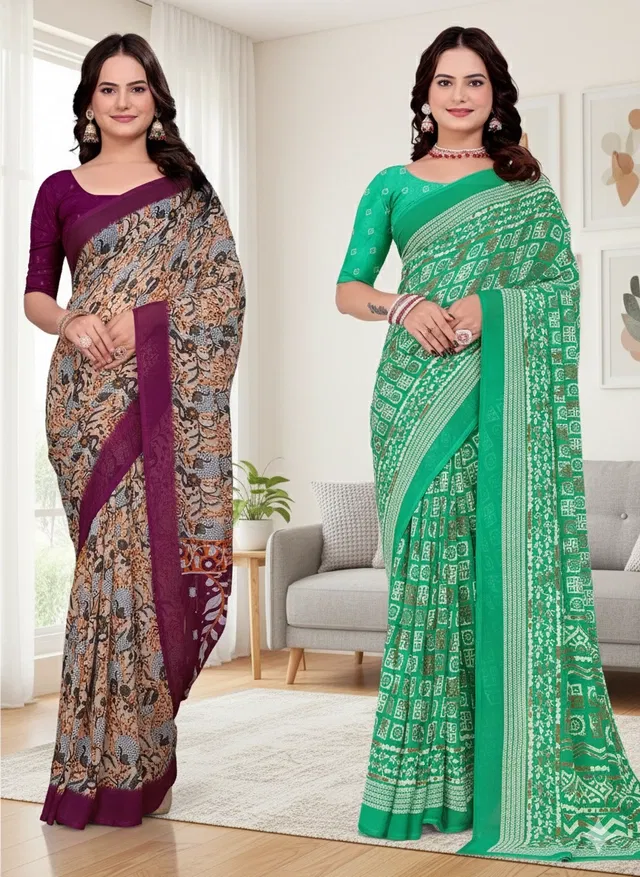 Georgette Printed Saree for Women, Multicolor, Pack of 2 (6.3 m)