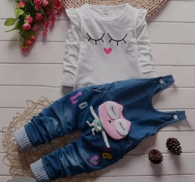 Denim Printed Clothing Set for Girls (White & Blue, 12-18 Months)