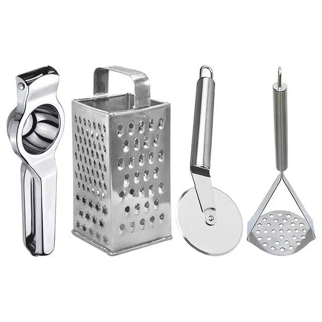 Oc9 Stainless Steel Lemon Squeezer & 4 in 1 Grater Or Slicer & Pizza Cutter & Potato Masher Kitchen Tool Set (O-151)