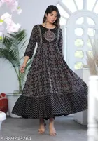 Rayon Printed Anarkali Kurti for Women, Black 