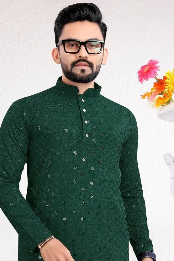 Cotton Blend Sequin Kurta for Men (Bottle Green, XXL)