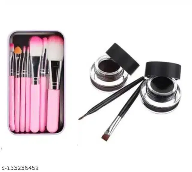 Combo of Gel Eyeliner (2 Pcs) with 2 Pcs Brushes & 7 Pcs Makeup Brushes (Multicolor, Set of 3)