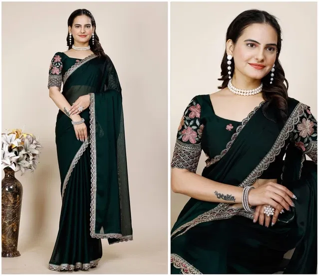 Chiffon Woven Design Saree for Women (Bottle Green, 6.3 m)