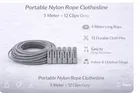 Portable Nylon Rope Clothesline 5 Meter + 12 Clips Grey