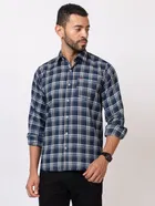 Cotton Blend Checkered Shirt for Men, Navy Blue 