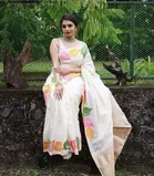 Litchi Silk Botanical Saree for Women, White 
