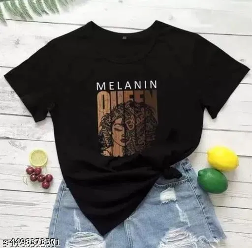 Cotton Blend Printed T-shirt for Women, Black (XS)