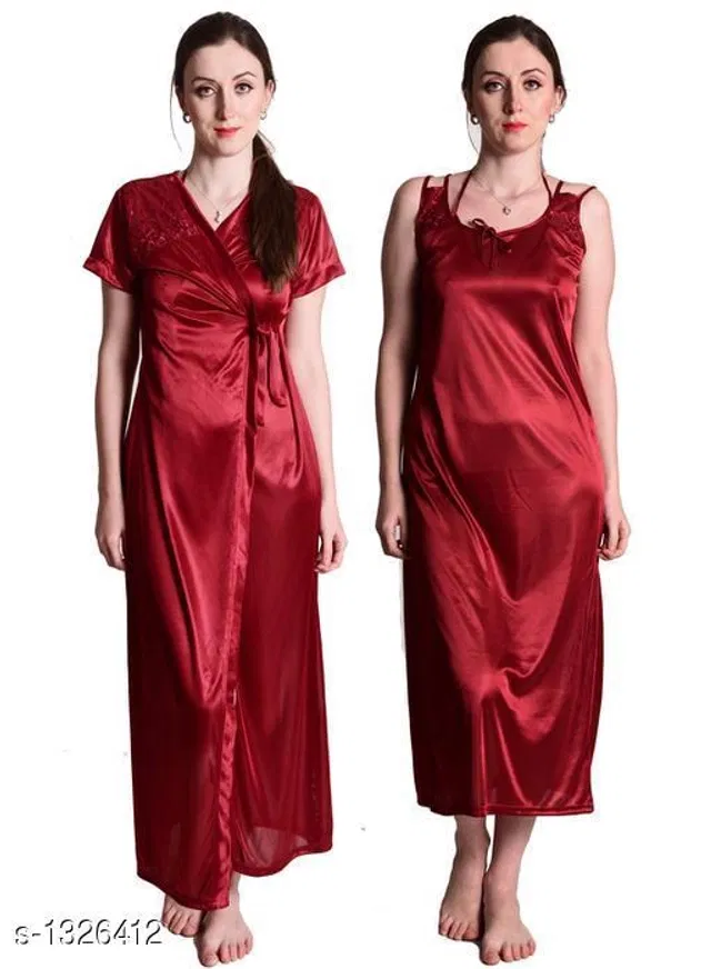 Satin Nightdress Set for Women (Maroon, Free Size)