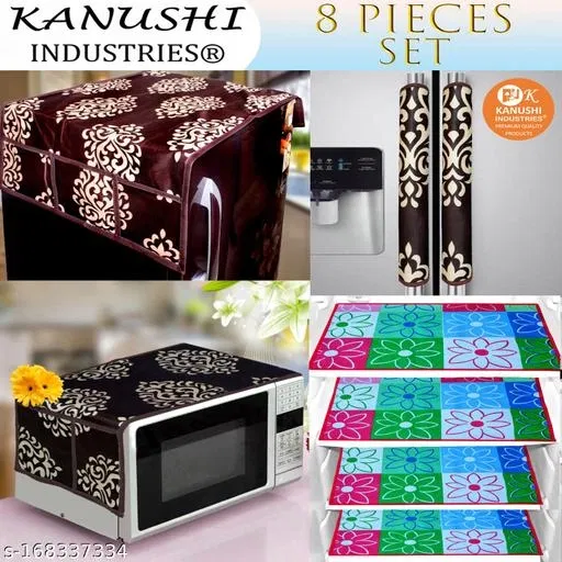 KANUSHI Industries® Fridge/Refrigerator Cove + 1 Pc microwave cover + 2 Pc handle cover + 4 pc Fridge Mats(FRI+MICRO+2-HDL-BROWN-FLORAL+M-28-04) Other Appliance Covers