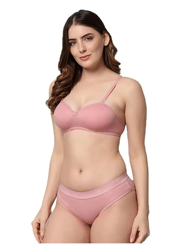 Cotton Blend Non Wired Padded Lingerie Set for Women (Pink, 40)