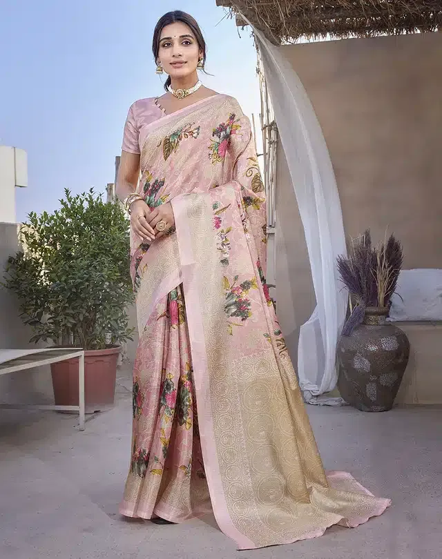 Art Silk Printed Saree for Women (Pink, 6 m)