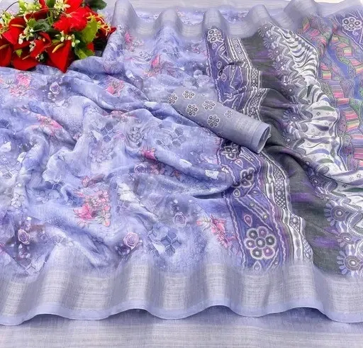 Cotton Linen Printed Saree for Women (Lavender, 6.3 m)